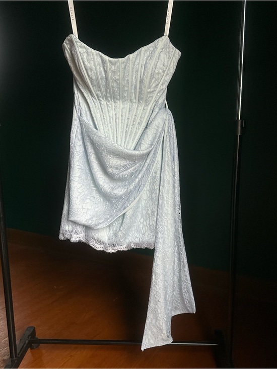 Azazie Dresses & Skirts - Azazie Pale Blue Lace Draped Mini Dress